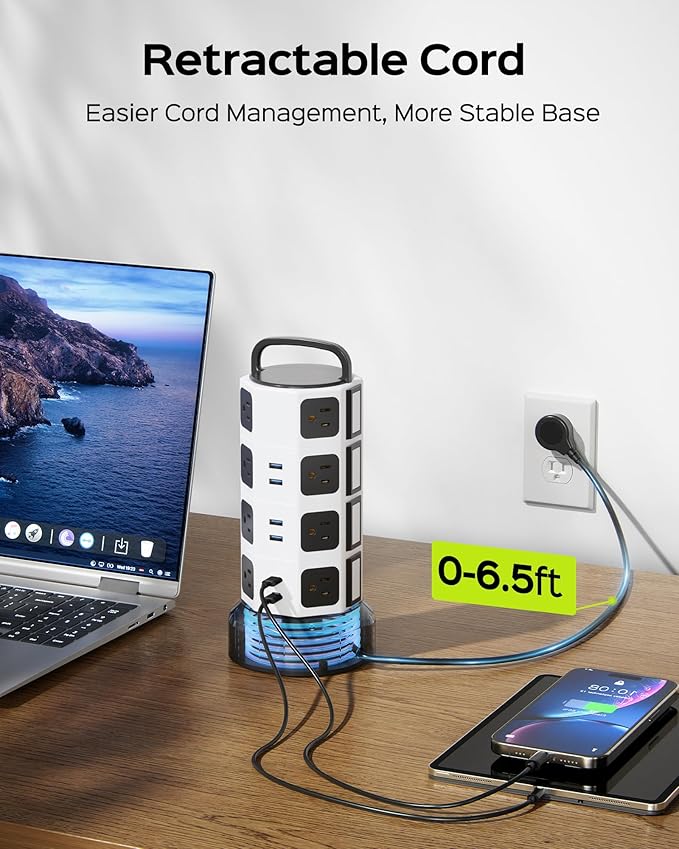 Power Strip Tower Surge Protector - JACKYLED 16 AC Outlets(13A) 6 USB Ports Electric Charging Station, 1050J Surge Electric Tower, 1625W Outlet Extender, 6.5ft Heavy Duty Extension Cord for Home