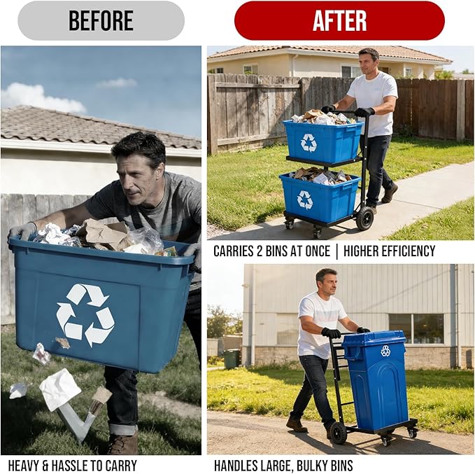 2-Tier Foldable Recycle Bin Cart, Heavy Duty Trash Can Dolly with All-Terrain Wheels & Lockable Casters, 140LBS Capacity Garbage Bin Trolley for Kitchen, Garage, Office, Courtyard