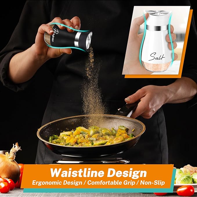 Salt and Pepper Shakers Set,4 oz Glass Bottom Salt Pepper Shaker with Stainless Steel Lid for Kitchen Gadgets Cooking Table, RV, Camp,BBQ Refillable Design (White + Black)
