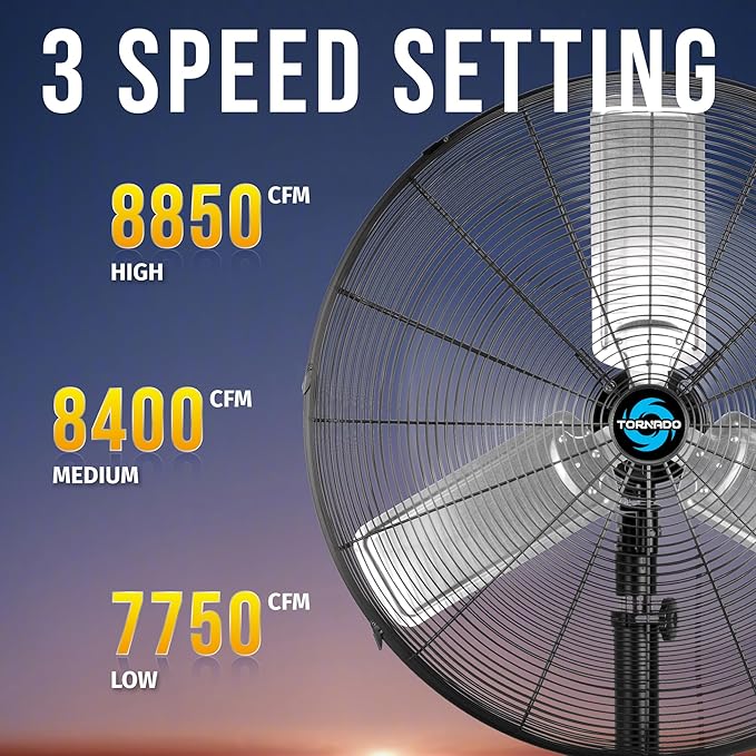 Tornado 30 Inch High Velocity Pedestal Fan, 8850 CFM, Oscillating, 3 Aluminum Blades, UL Listed for Commercial and Industrial Use, Black Stationary Stand Fan