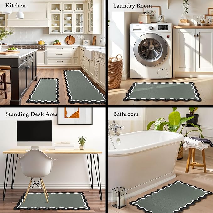 Arenarug Scalloped Black Gray Kitchen Mats Rugs Sets of 2 Cushioned Anti Fatigue Floor Mat Waterproof Kitchen Rugs Non Slip Foam Comfort Standing Mat for Sink Laundry