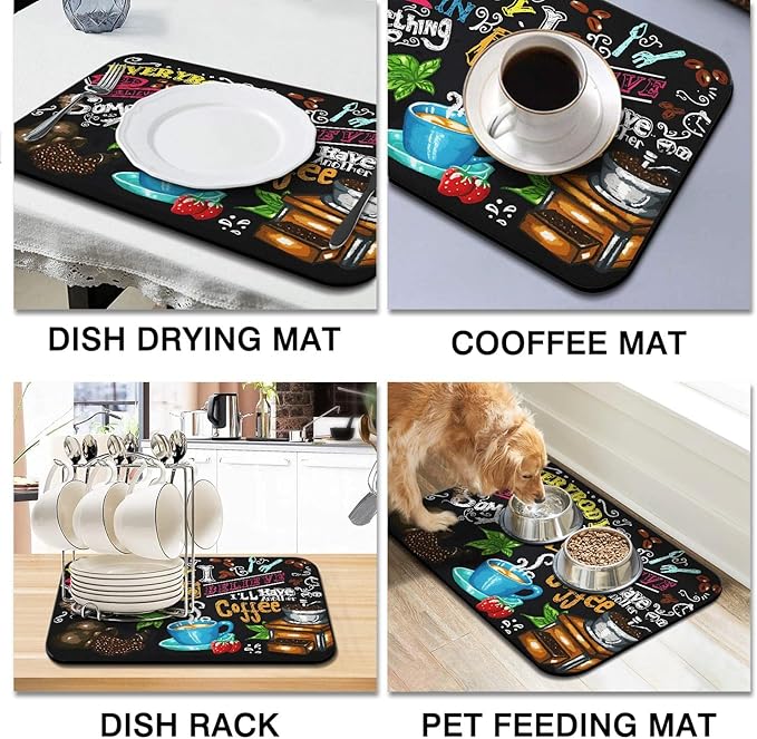 Coffee Bar Mat Accessories for Countertop Absorbent Hide Stain Rubber Backed Dish Drying Mats for Kitchen Counter Draining Pad Decor Gift (24x16in)