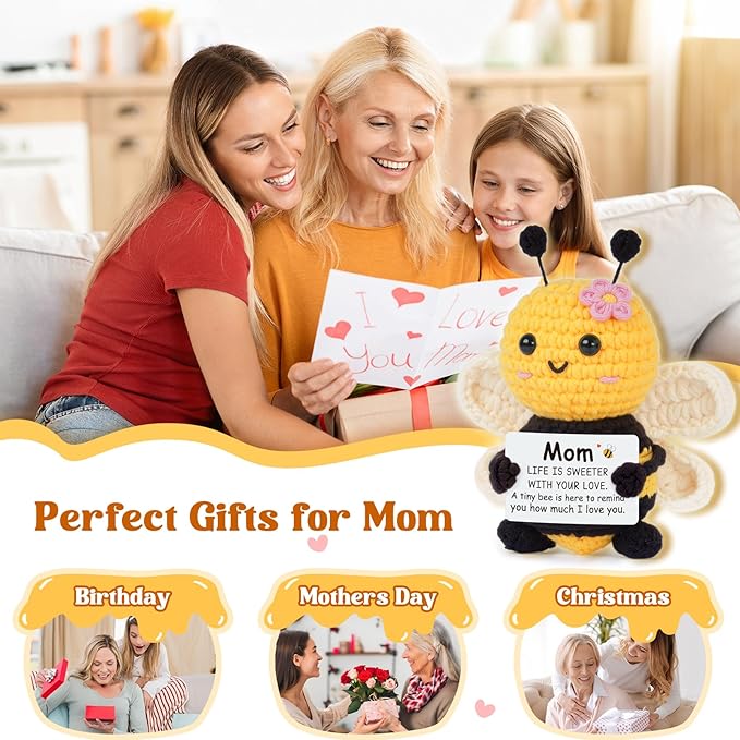 Gifts for Mom Mothers Day, Mom Gifts from Daughter Son - Cute Handmade Crochet Bee - Birthday Valentines Christmas Bonus Step Mother in Law, I Love You Mama Present, Emotional Support Decor