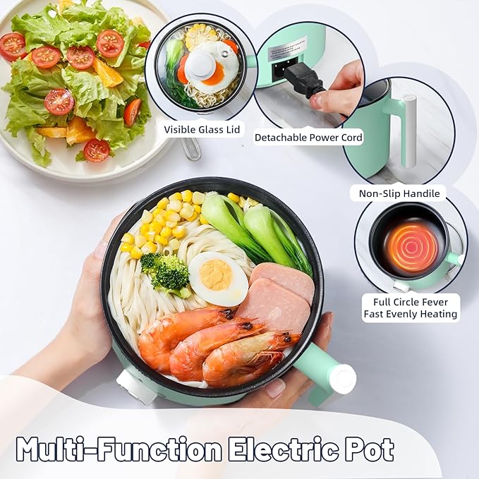 Electric Hot Pot :1.5L Mini Ramen Cooker with Overheat & Boil-Dry Protection, Suitable for Noodles, Soup, Oatmeal, College Dorm Office Travel Essentials (Green, 1.5L)