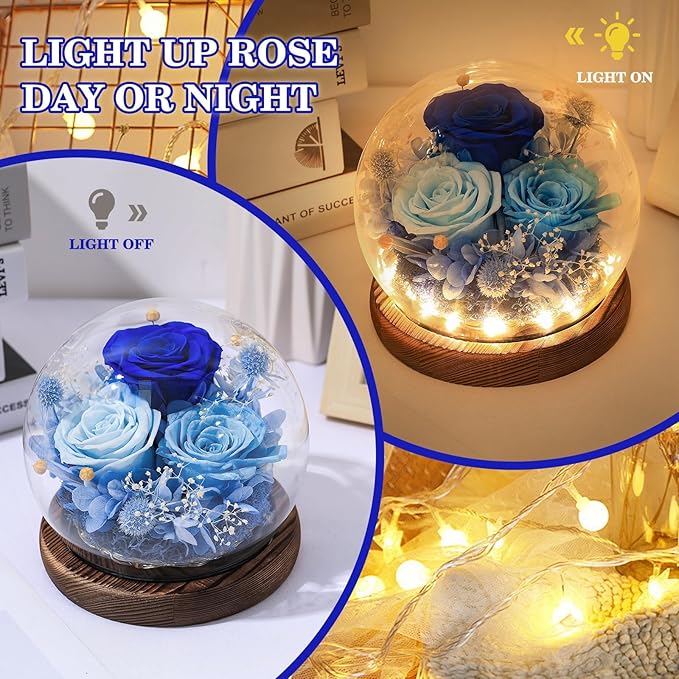 FIACO Gifts for Mom Mothers Day Birthday Gifts for Women Preserved Flowers in Glass Dome Long-Lasting Eternal Roses for Her Grandma Wife Girlfriend Blue Forever Flowers for Delivery Prime Anniversary