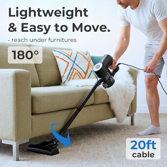 Roomie Tec Corded Stick Vacuum Cleaner - 450W, Lightweight 2-in-1 Handheld with Powerful Suction, Bagless HEPA Filter, Large Dust Capacity (Black)