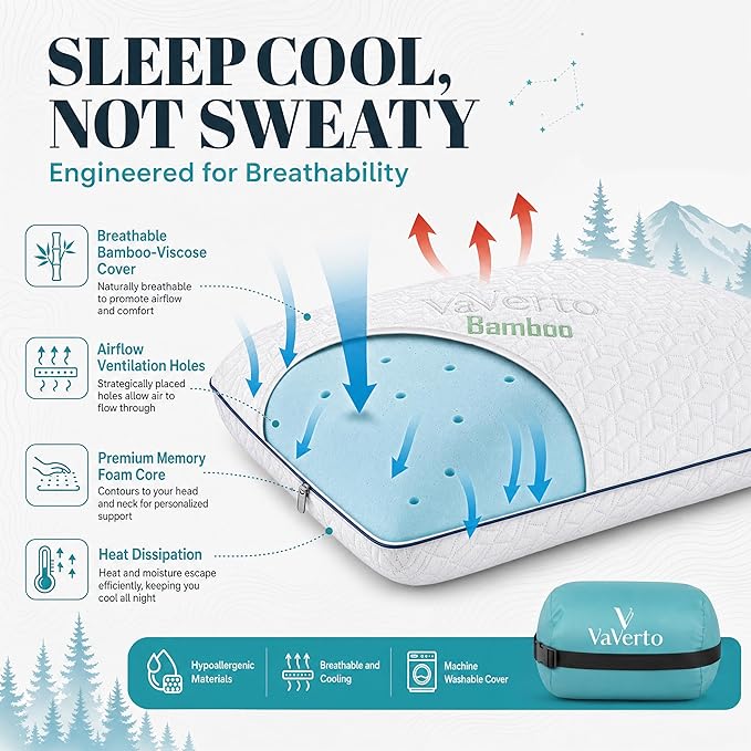 Vaverto Small Memory Foam Bed Pillow for Camping - Compressible Medium Firm, Breathable Cover, Machine Washable, Ideal Backpacking