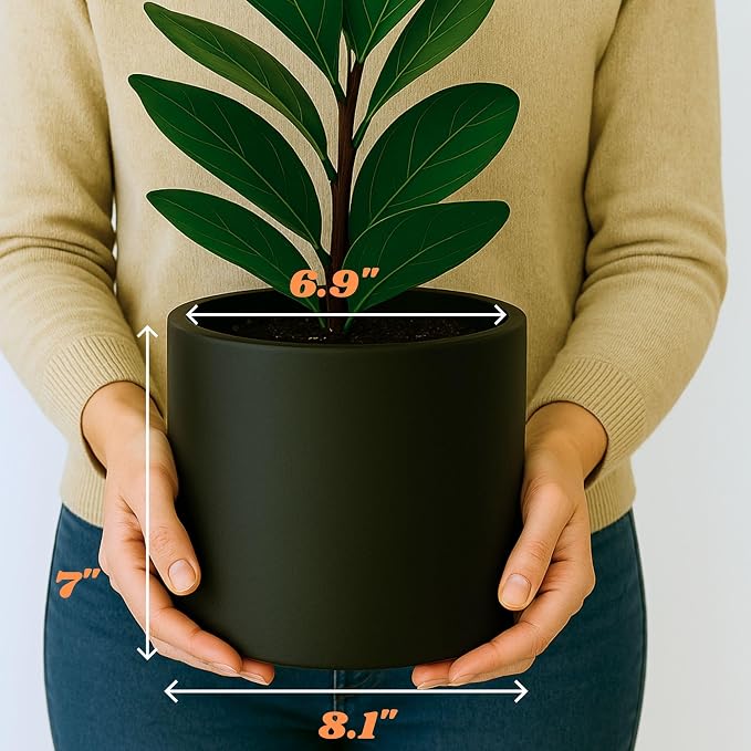 Fox & Fern Large Indoor Planter, Modern Large Plant Pot for Indoor or Outdoor, UV and Frost Resistant - 8 Inch, Matte Black Flower Pot with Drainage Plug, Lightweight