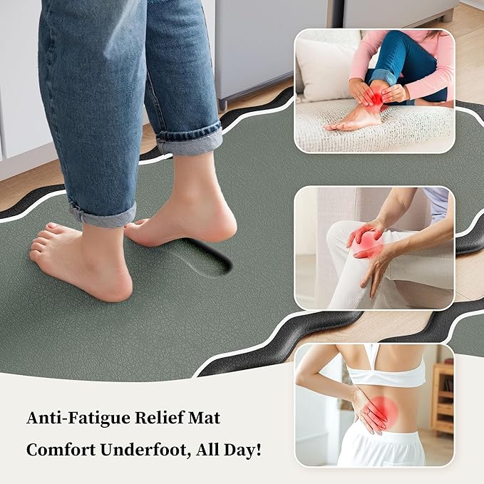 Arenarug Scalloped Black Gray Kitchen Mats Rugs Sets of 2 Cushioned Anti Fatigue Floor Mat Waterproof Kitchen Rugs Non Slip Foam Comfort Standing Mat for Sink Laundry