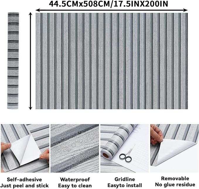 Gray Wood Slat Wallpaper - Peel & Stick Self-Adhesive (17.5" x 200"), Wood Effect Contact Paper for Walls, Easy DIY Wall Covering for Bedroom, Living Room & Feature Walls