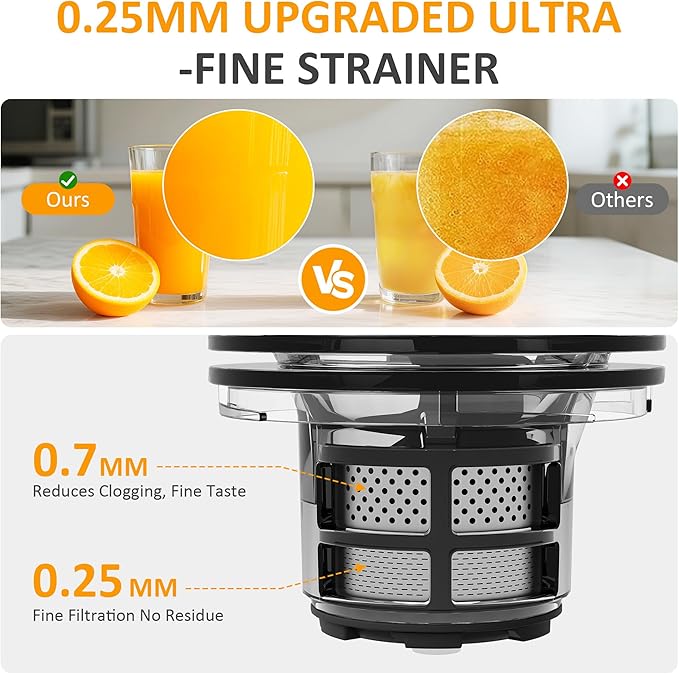 Sunvivi Cold Press Juicer with 5.9" Wide Feed Chute, 150W Slow Masticating Juicer Machines Fit Whole Vegetables & Fruits, Easy to Clean, Dual-Layer Strainer, High Yield Juicer for Home, Black