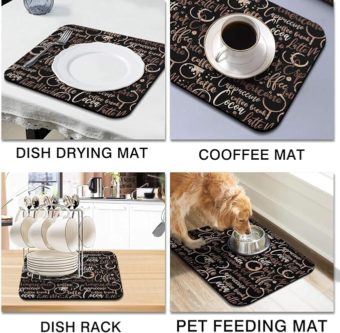Coffee Bar Mat Accessories for Countertop Absorbent Hide Stain Rubber Backed Dish Drying Mats for Kitchen Counter Draining Pad Decor Gift (18x16in)