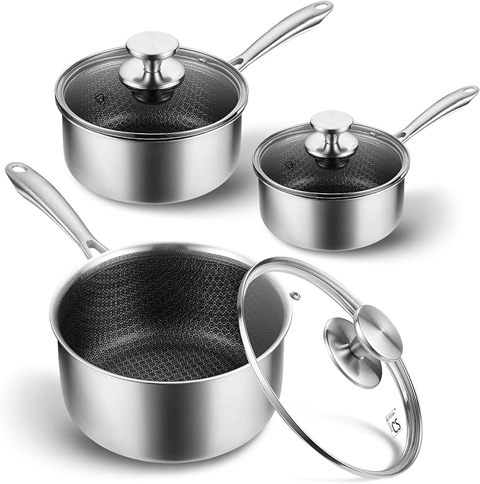 KOCH SYSTEME CS Hybrid Nonstick Stainless Steel Saucepan Set, 6-Piece Triply Stainless Steel Saucepan Set with Hybrid Honeycomb Interior, 1QT & 2QT & 3QT Sauce Pans, Induction Ready, Steel Pot Set