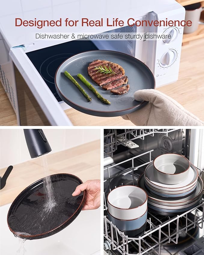 Famiware Nebula Ridge Stoneware Dinnerware Sets, Plates and Bowls Sets for 4, 12 Pieces Dishes Set, Microwave and Dishwasher Safe Kitchen Plates, Multi-color