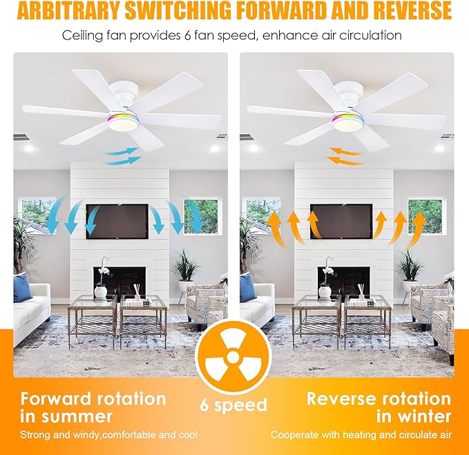 Asyko 46" White RGB Ceiling Fans with Lights and Remote,Low Profile Ceiling Fans with Quiet Reversible DC Motor,Small Modern Flush Mount Ceiling Fan Light for Bedroom Kids Room