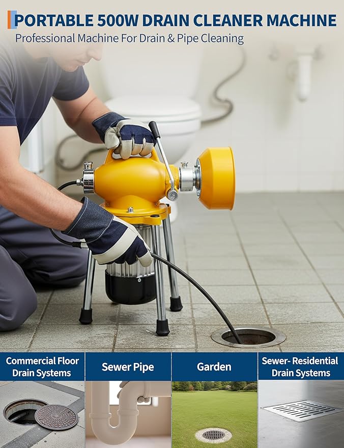 Electric Sewer Snake Drain Auger, Drain Cleaner Machine with 66FT x 5/8" & 16FT x 3/5" Steel Cables, 6 Cutters, 500w Power Auto Feed Pipe Snake for 1.6"-4" 500 w 400 RPM for Sink Toilet Drainage