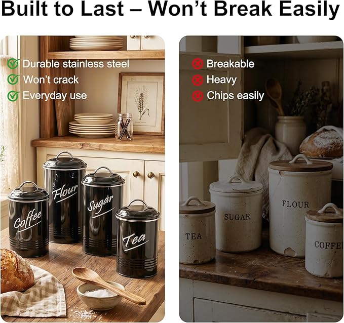 Hillbond Kitchen Canister Set of 4, Airtight Stainless Steel Food Storage Containers with Lids, Flour Sugar Coffee Tea Canisters for Countertop, Metal Kitchen Storage Jars, Black