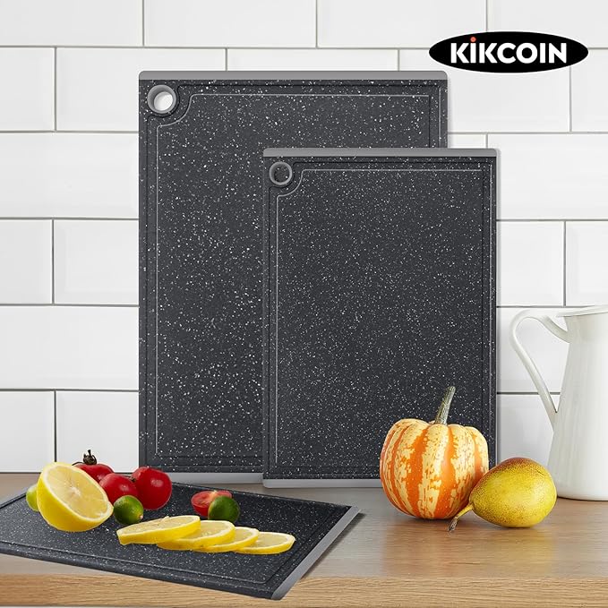 Kikcoin Plastic Cutting Boards for Kitchen, 3-Piece Large Cutting Board Set Dishwasher Safe Chopping Boards with Non-slip Feet and Juice Grooves, Light Gray