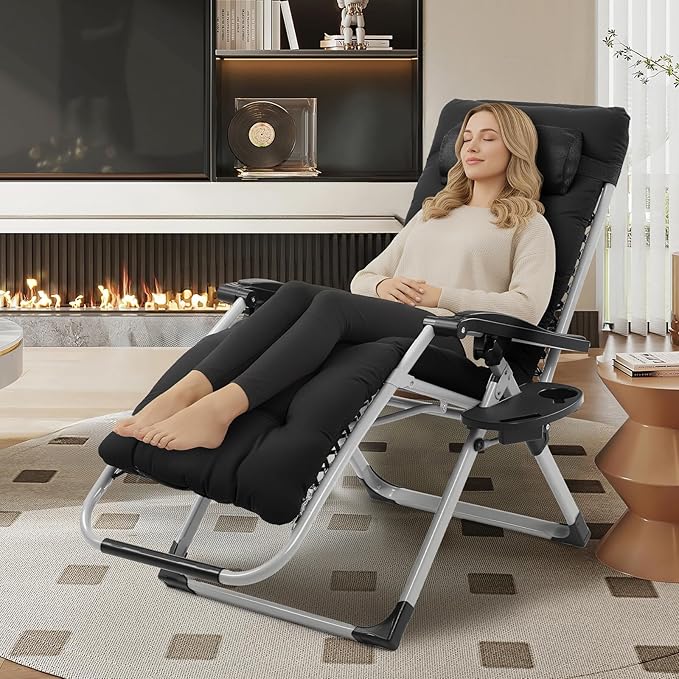 VINGLI Padded Zero Gravity Chair, Lounge Chair with Removable Cushion & Tray， Folding Reclining Patio Chairs， Recliner Chair for Lawn，Indoor Outdoor-Black