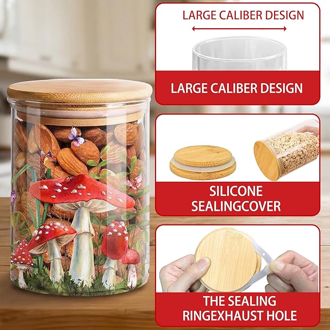 Mushroom Clear Glass Storage Jar with Airtight Lid, Food Canister for Kitchen Countertop, Coffee Tea Sugar Cookie Spice Home Kitchen Organizers 3 Pack