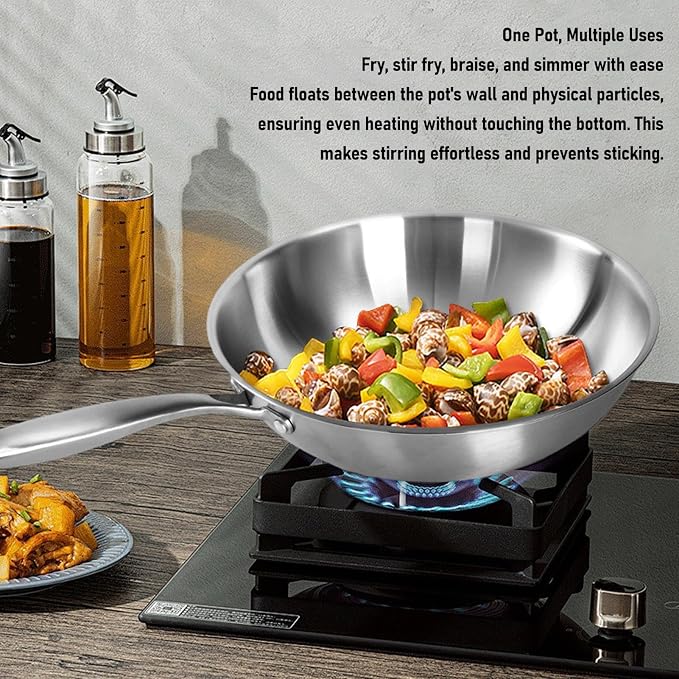ZJchao Stainless Steel Wok Pan, Stir Frying Pan, Induction Cooking Wok with Handle Nonstick Stir Fry Cookware for Induction Electric Gas All Stove (34CM)