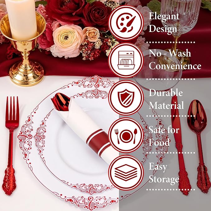 Nervure 350PCS Red Plastic Plates - White Red Plastic Dinnerware Set for 50 Guests - 100 Red Disposable Plates, 50 Pre Rolled Cutlery Set, 50 Cups Perfect for Wedding & Party & Mothers Day