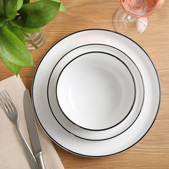 Gibson Home Rothernberg Plates and Bowls 18 Piece Porcelain White Dinnerware Set W/Black Rim | Stackable Dishes | Microwave & Dishwasher Safe