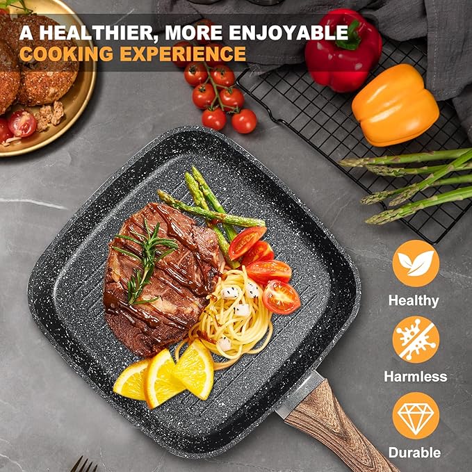 NEWBULIG 3-Piece Nonstick Grill Pan Set, Square Griddle Pans with Wooden Handles, Induction Cooktop Compatible, Nonstick Cookware for Steak, BBQ, Vegetables, Black (9.5", 10.2", 11")