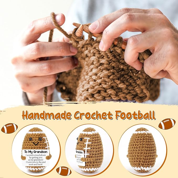 BiuNiuring Mini Funny Grandson Gifts from Grandma Grandpa, Handmade Crochet Mini Football Grandson Birthday Gifts from Grandparents, Grandson Present for Father's Day Cute Desk Decor