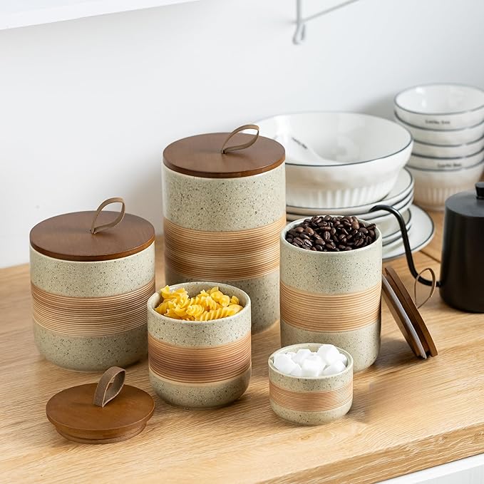 Miamolo Ceramic Jar with Lid Airtight, Coffee Container Kitchen Food Storage Jars for Spice Sugar Tea Bag, Stackable Decorative Jars for Countertop, 18 fl.oz