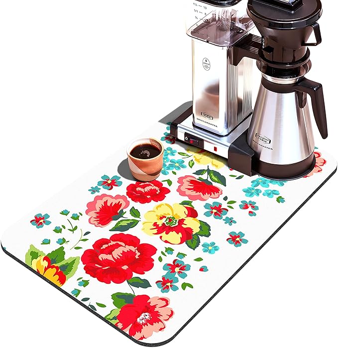 Coffee Bar Mat Accessories for Countertop Pioneer Flower Absorbent Hide Stain Rubber Backed Dish Drying Mats for Kitchen Counter Draining Pad Decor Gift Fit Under Coffee Maker (20x12in)
