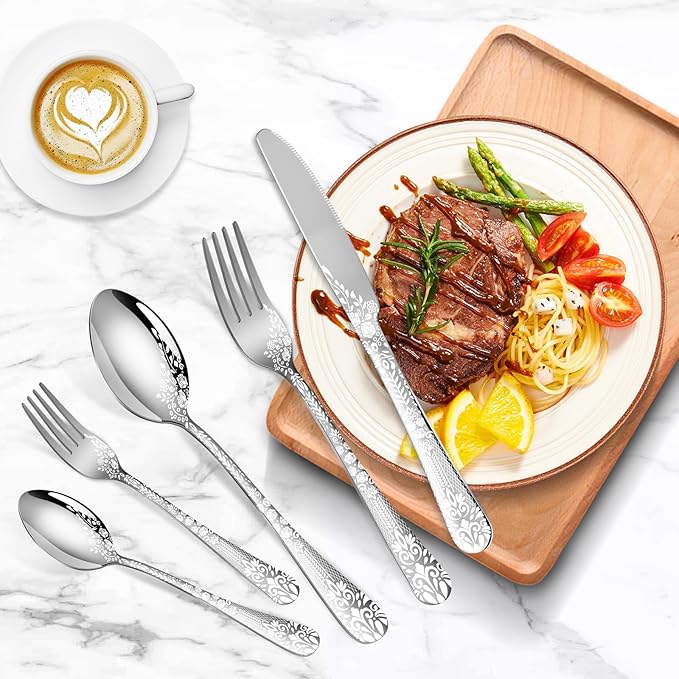 40 Piece Silverware Set, Stainless Steel Flatware Cutlery Set Service for 8, Mirror Polished Tableware Eating Utensils Set for Home Kitchen, Include Knife Fork Spoon Set, Dishwasher Safe