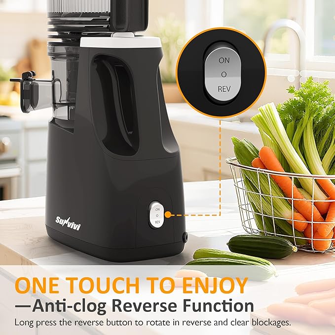 Sunvivi Cold Press Juicer with 5.9" Wide Feed Chute, 150W Slow Masticating Juicer Machines Fit Whole Vegetables & Fruits, Easy to Clean, Dual-Layer Strainer, High Yield Juicer for Home, Black