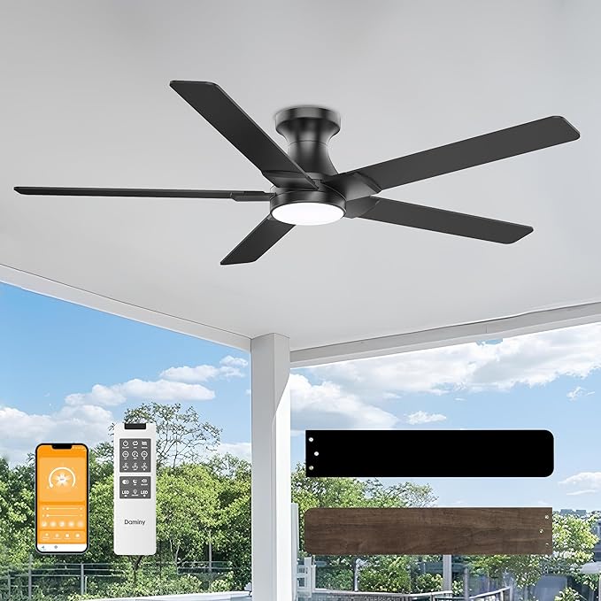 DAMINY 52 inch Black Ceiling Fans with Lights,5 Blades,6CCT, Low Profile,Remote Control,for Bedroom, Kitchen,Living Room,Indoor/Outdoor Use,Flush Mount