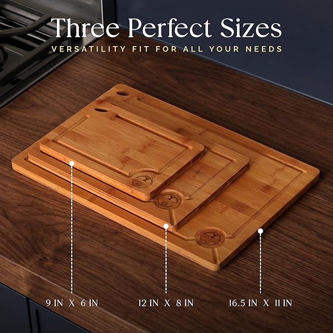 Pre-Oiled, Non Toxic 3-Piece Carbonized Bamboo Cutting Board Set, 500°F Carbonized Technology Eco-Friendly Wooden Chopping Boards for Kitchen with Juice Groove, Charcuterie Serving Boards Deer & Oak