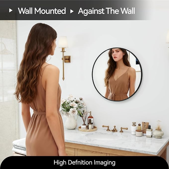 SCWF-GZ 20" Round Mirror Circle Wall Mounted Hanging or Against Wall Metal Frame Dressing Make-up Mirrors for Entryway Bedroom Bathroom Living Room 20 inch Black