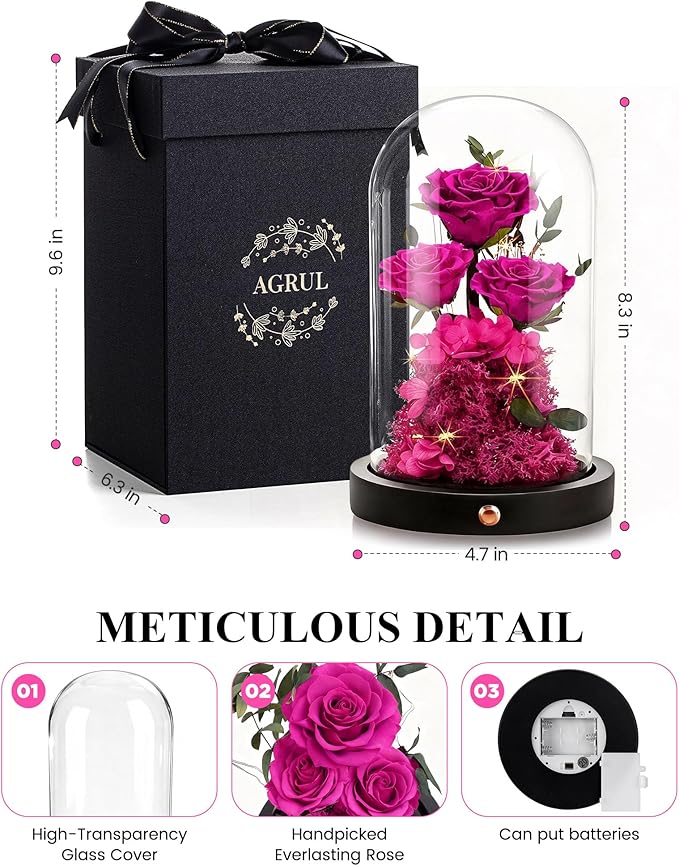 Agrul Mothers Day Flowers Roses Gifts for Mom,Forever Preserved Flower Rose in Glass Dome Fresh Flowers for Delivery Mothers Day Roses Gifts for Wife Women Mom Grandma from Daughter/Rose