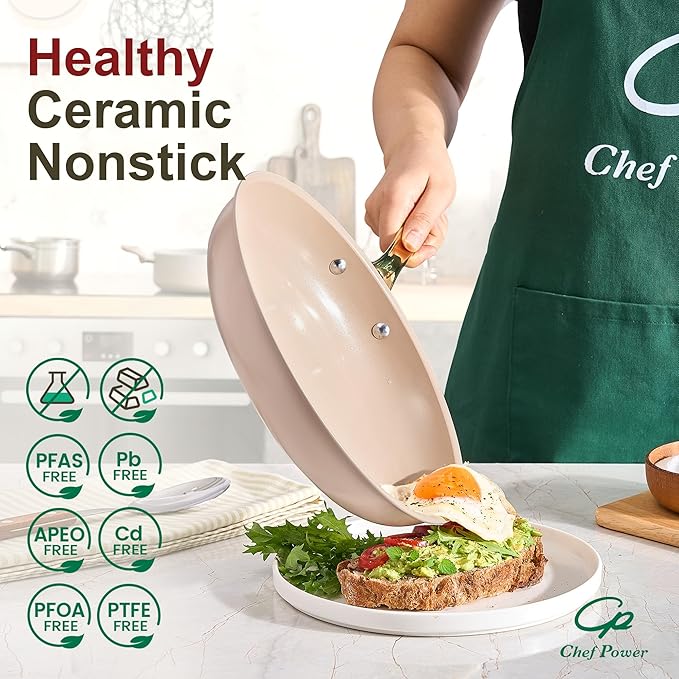Chef Power Ceramic Cookware Sets, 15Pcs Pots and Pans Set Non Stick, Cookware Set with Stainless Steel Handle, Dishwasher & Oven Safe, Taupe and Light Gold Handle