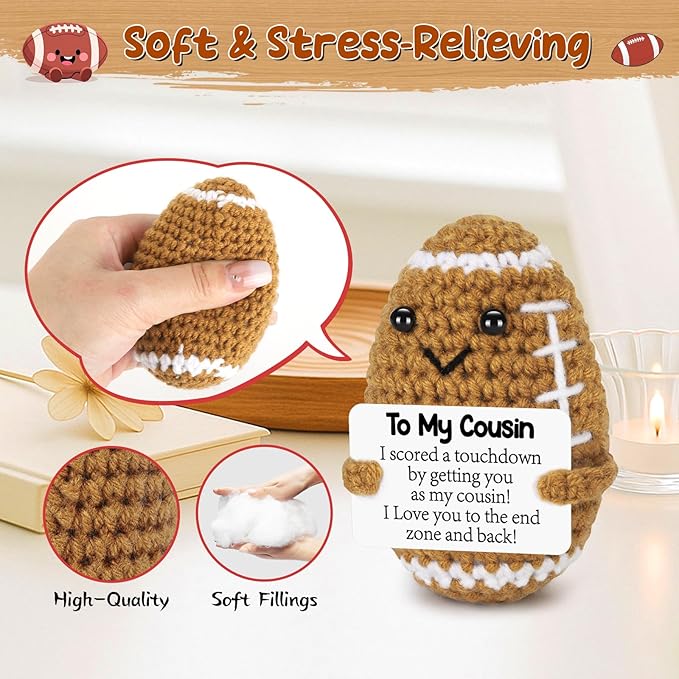 BiuNiuring Mini Funny Cousin Gifts from Sister Brother, Handmade Crochet Mini Football Cousin Birthday Gifts from Women, Cousin Present for Father's Day Cute Desk Decor