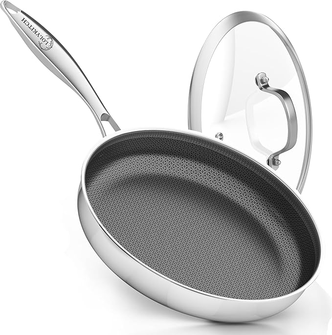 LOLYKITCH 10 In Hybrid Nonstick Stainless Steel Sauté Pan with Lid,Deep Frying Pan,Skillet,Induction Pan,Heavy Duty and Oven Safe,Detachable Handle.