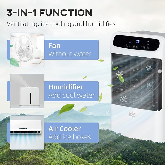 32" Evaporative Air Cooler, 3-in-1 Portable Cooling Fan with Humidifier, Ice Packs, Remote, 12H Timer, Oscillation & 3.2 Gal Tank, White