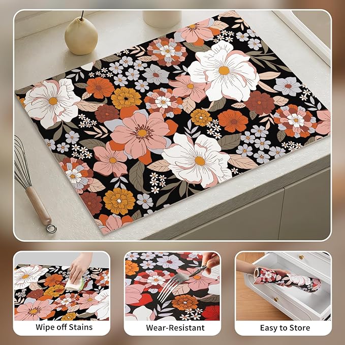 Retro Floral Dish Drying Mat Super Absorbent Coffee Mat, Fit Under Coffee Maker Espresso Machine (Abundant Blooms,Black)