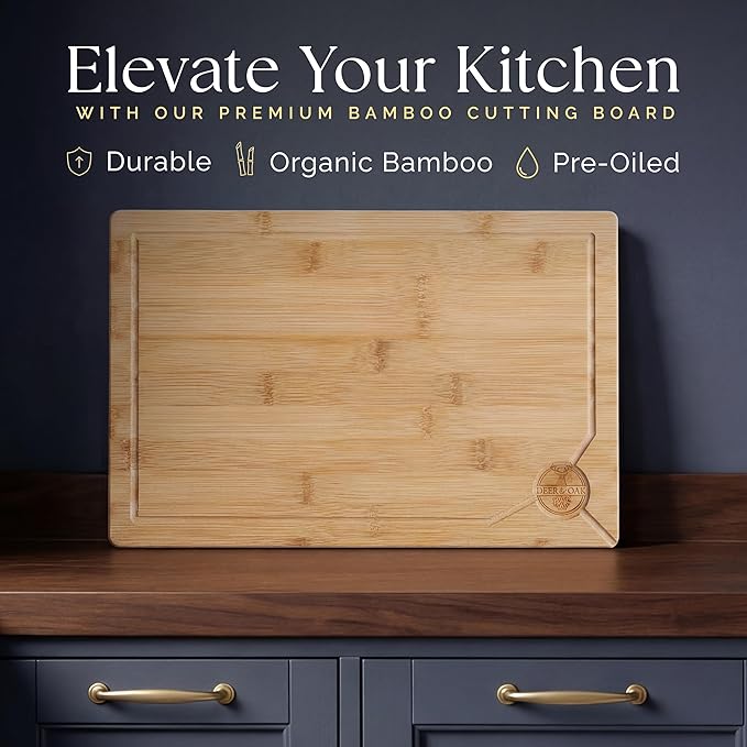 Deer & Oak Large Bamboo Chopping Board 15" x 9.8" x 0.8", Premium Wooden Kitchen Cutting Board for Meat & Vegetables, Pre-Oiled, Water Resistant, Knife-Friendly