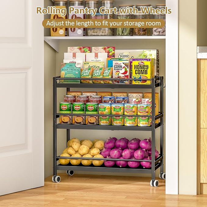 3-Tier Expandable Rolling Pantry Organizers and Storage Cart with Wheels, Adjustable Pantry Floor Organizer, Snack Cart for Pantry, Kitchen Storage Cart with 4 Hooks for Snack, Food, Vegetables