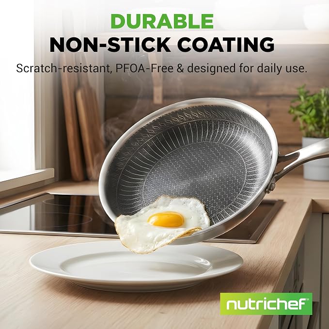 NutriChef 12" Stainless Steel Frying Pan with Lid- Triply Hybrid Large Skillet, Scratch-resistant Raised-up Honeycomb Fire Textured Pattern, Oven & DIshwasher Safe, NC3PL12