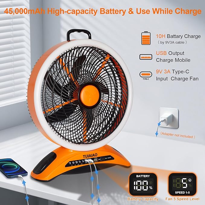 Large 45000mAh Battery Operated Camping Fan, 12-Inch Blades Portable Rechargeable Outdoor Fan with 5 Speed Display, 1040CFM High Airflow, Cordless Floor Fan with Timer for Garage, BBQ