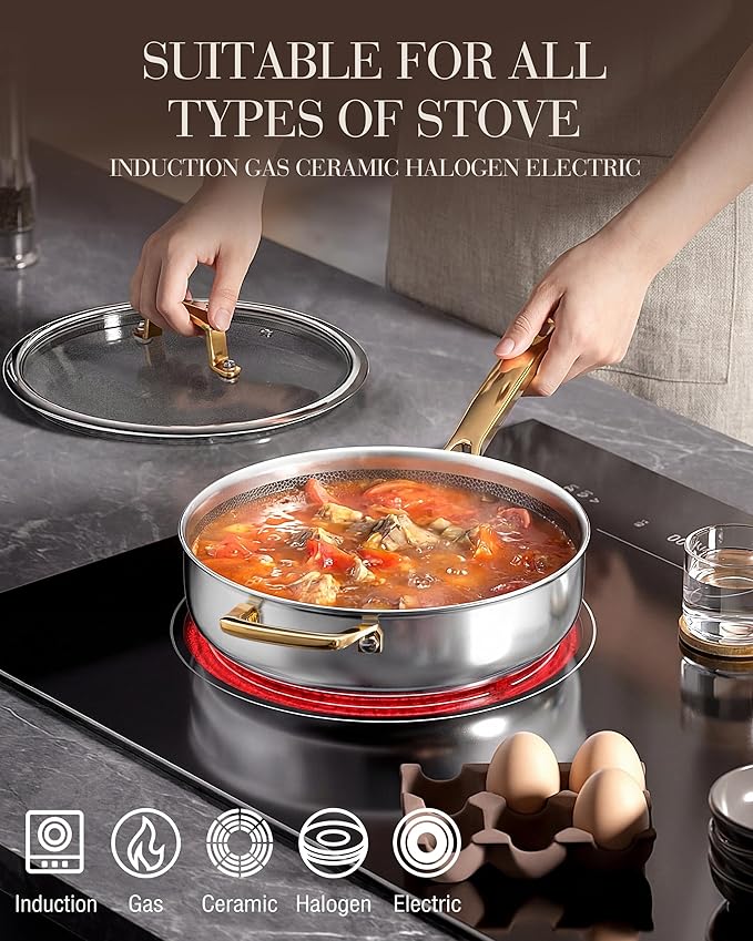 FogDream Titanium Non Stick Frying Pan, 10in Tri-Ply Stainless Steel Deep Saute Pan, All-in-One Cookware Set(Spatulas&Steamer), Stay Cool Handle, Dishwasher & Oven-Safe,Induction Compatible,Gold