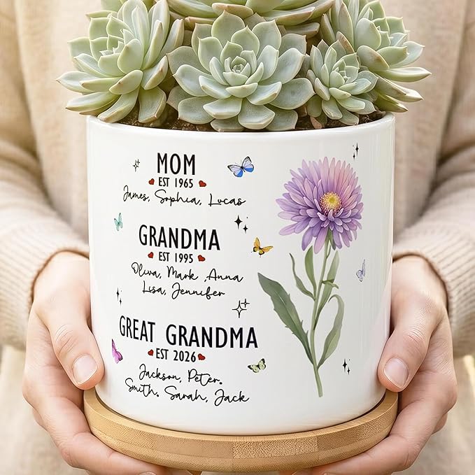 Personalized Mom Grandma Great Grandma Flower Pot, Custom Grandma Garden Birth Month Flowers Planters, Plant Pot for Nana, Gifts for Mom, Gigi Gift