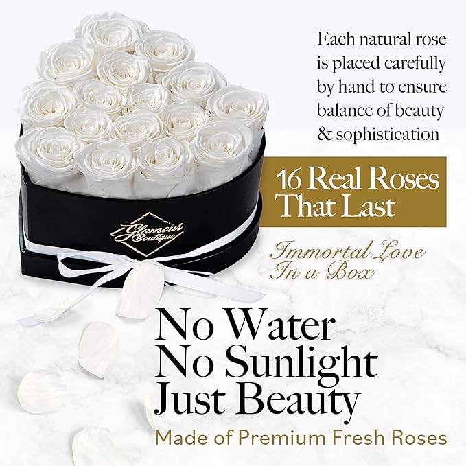 GLAMOUR BOUTIQUE 16 Flower Forever Heart Shape Box, for Mom, Eternal Preserved Roses Gift for Her, Long Lasting Flowers Bouquet, for Birthday, Anniversary and Girlfriend - White