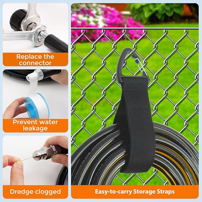 50FT Sewer Jetter Kit for Pressure Washer, 5800PSI Drain Cleaner Hose 1/4 Inch NPT Corner Rotating and Button Nose Sewer Jetting Nozzle Spanner Watertight Tape Pearl Corsage Pin Handle Strap